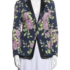 rag & bone Navy Floral Blazer with Black Leather Trim